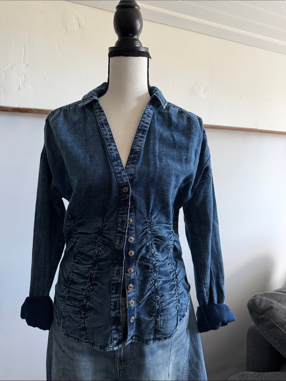 Pilcro Dark Blue Ruched Denim Button-Down Shirt